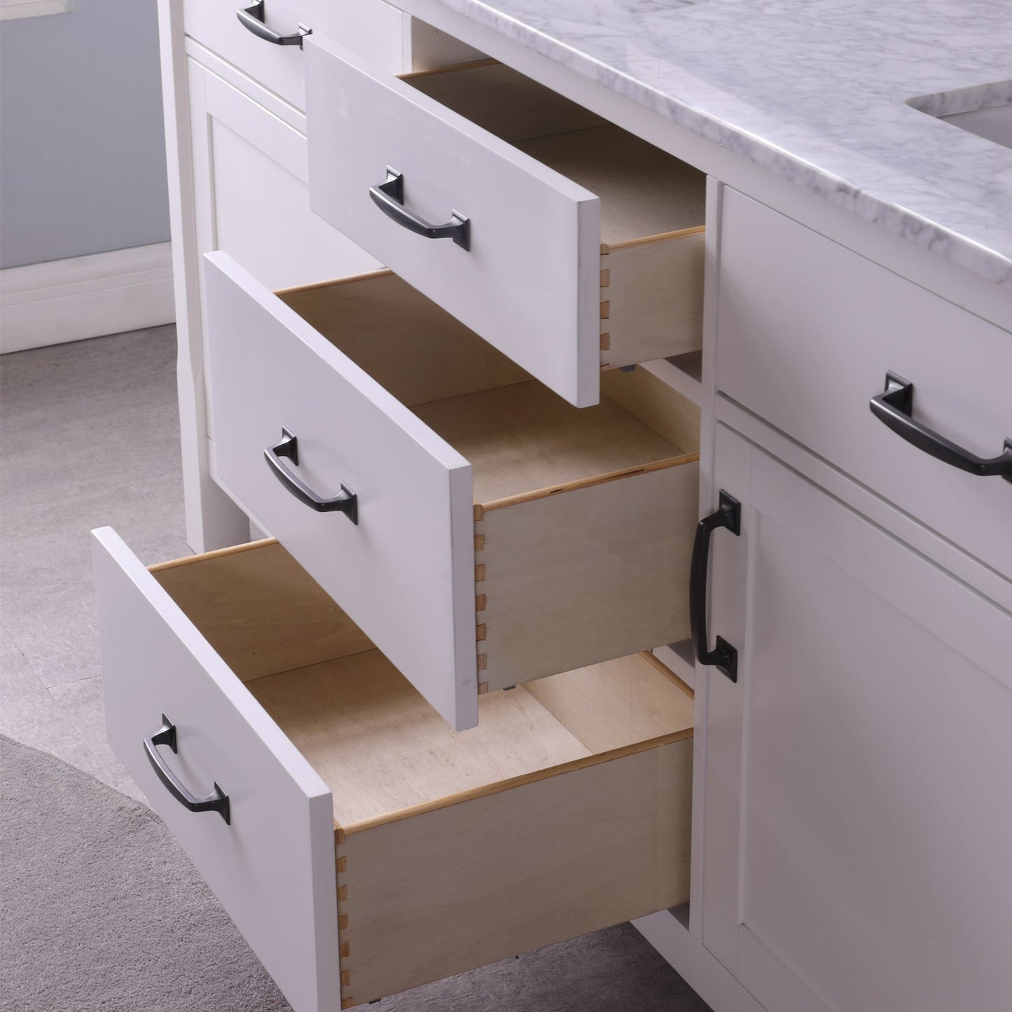 Maribella 72" Double Bathroom Vanity Set in White and Carrara White Marble Countertop without Mirror