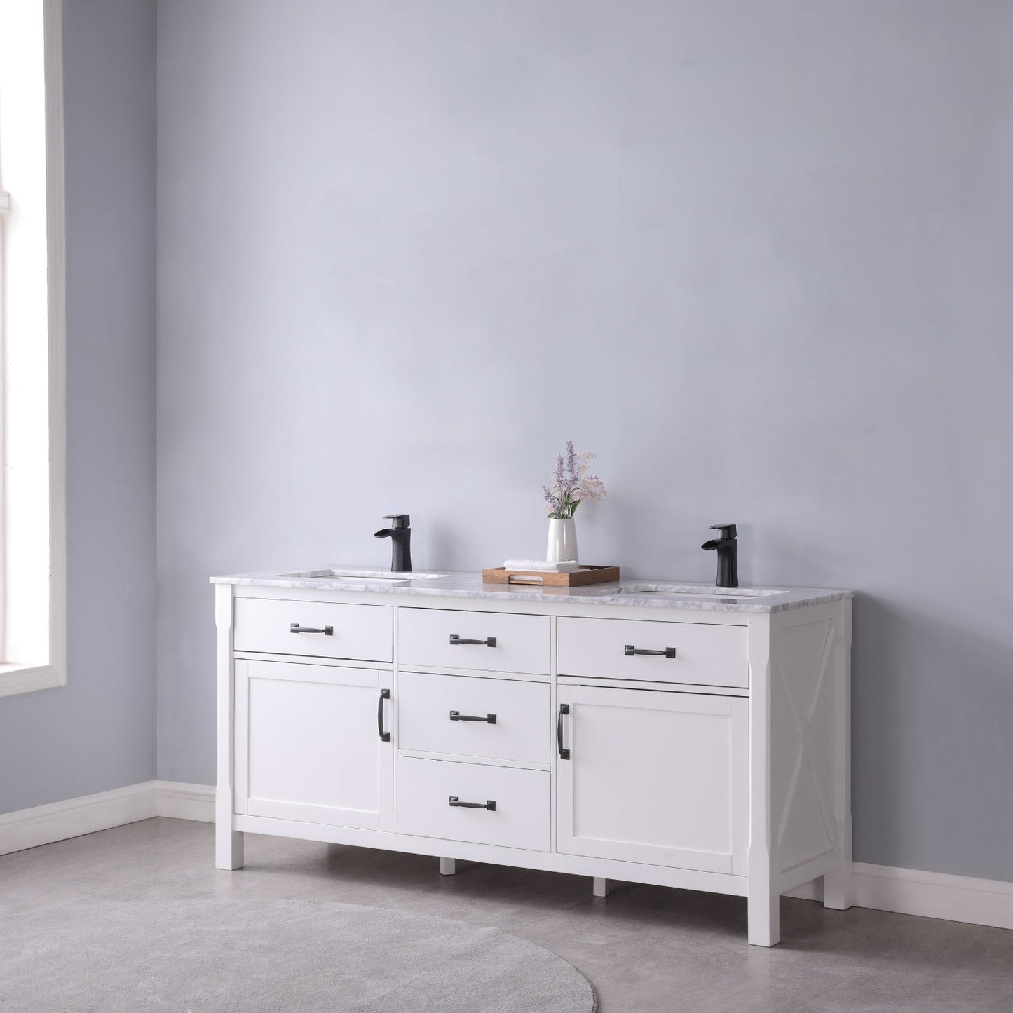 Maribella 72" Double Bathroom Vanity Set in White and Carrara White Marble Countertop without Mirror