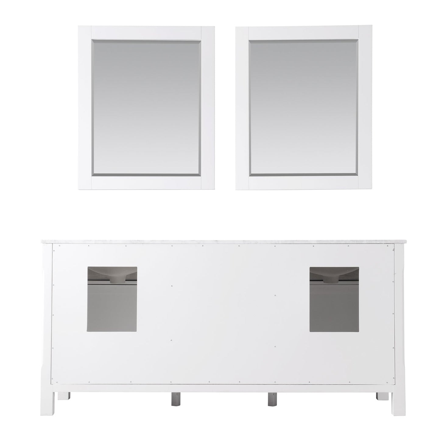 Maribella 72" Double Bathroom Vanity Set in White and Carrara White Marble Countertop with Mirror