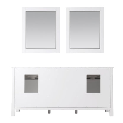Maribella 72" Double Bathroom Vanity Set in White and Carrara White Marble Countertop with Mirror