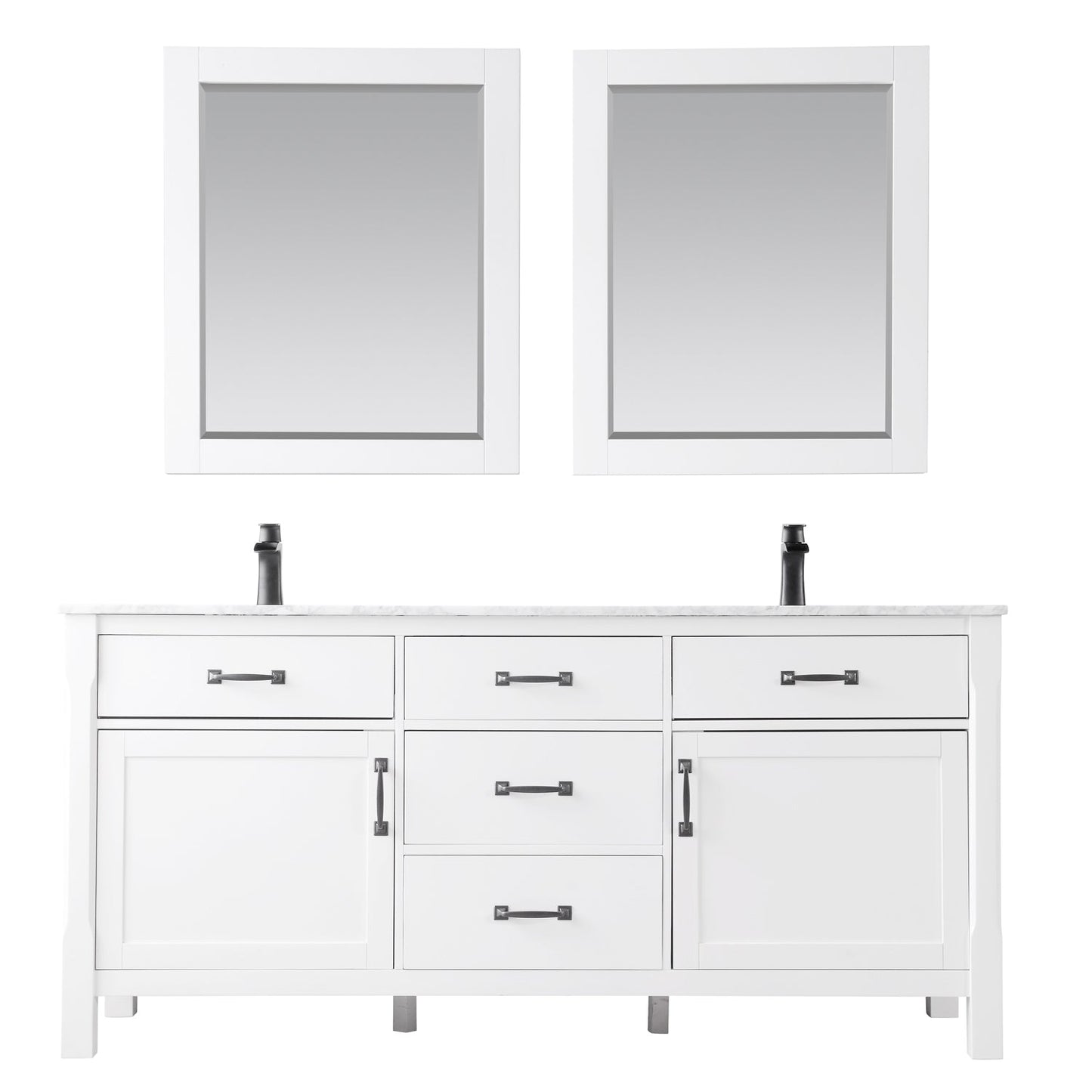 Maribella 72" Double Bathroom Vanity Set in White and Carrara White Marble Countertop with Mirror