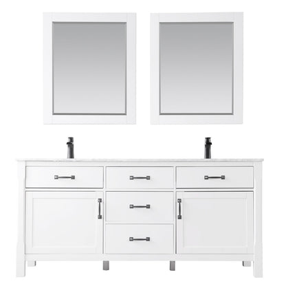 Maribella 72" Double Bathroom Vanity Set in White and Carrara White Marble Countertop with Mirror