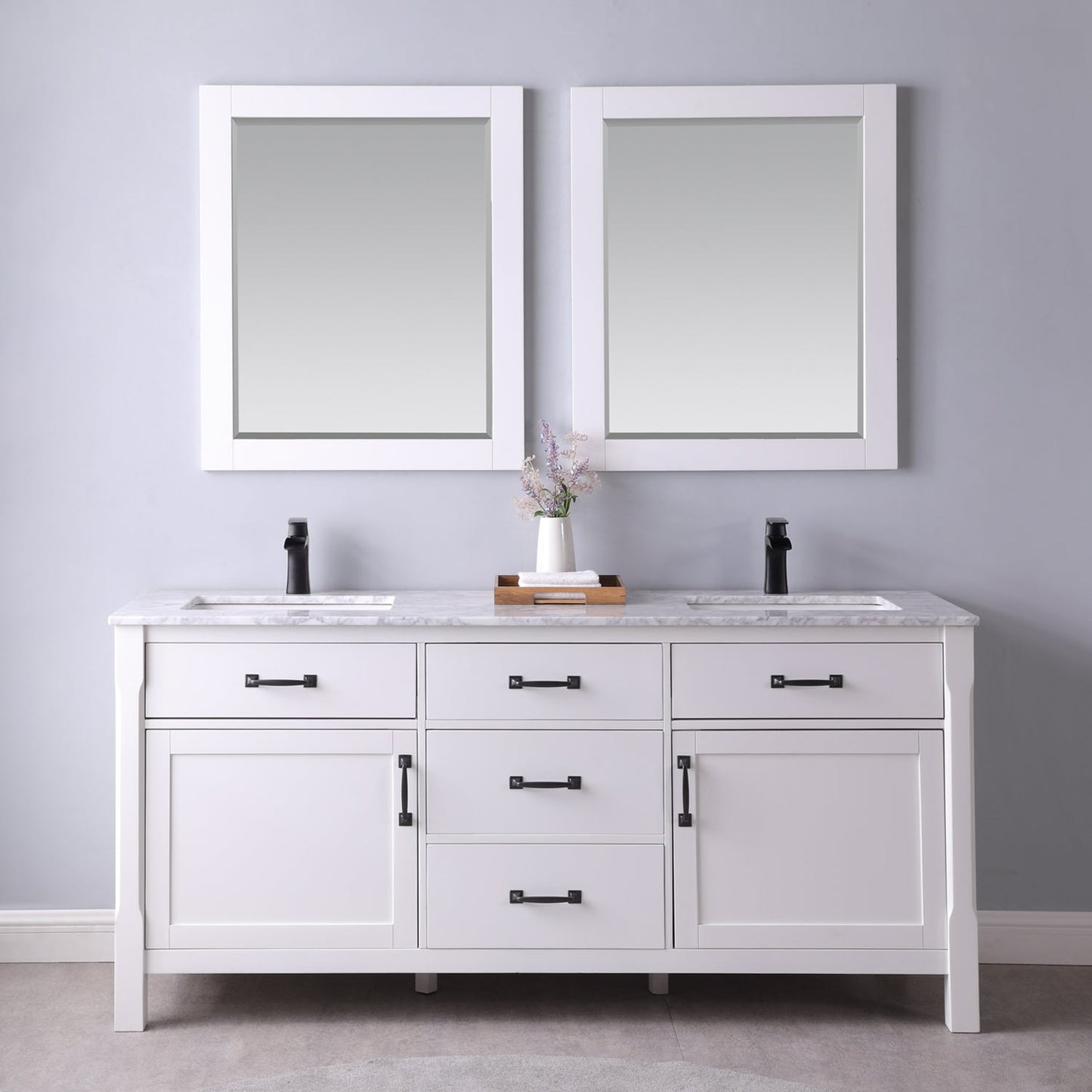 Maribella 72" Double Bathroom Vanity Set in White and Carrara White Marble Countertop with Mirror