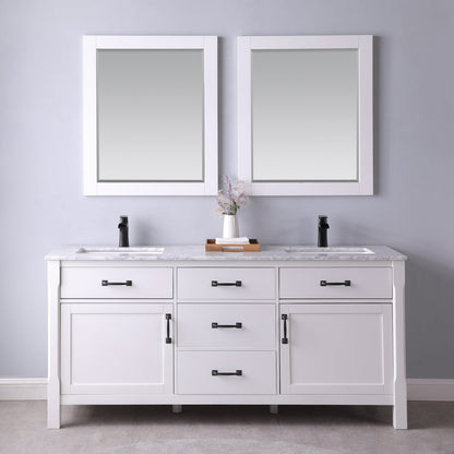 Maribella 72" Double Bathroom Vanity Set in White and Carrara White Marble Countertop with Mirror