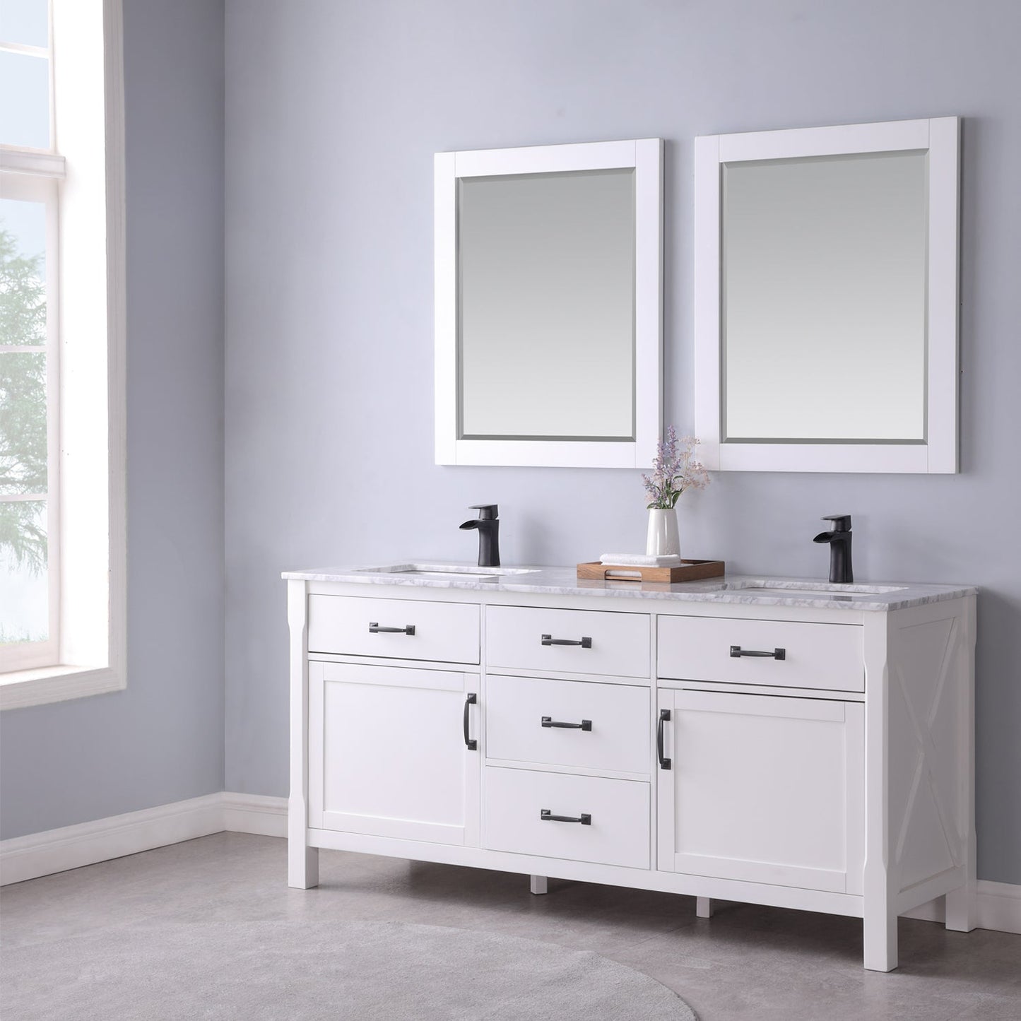 Maribella 72" Double Bathroom Vanity Set in White and Carrara White Marble Countertop with Mirror