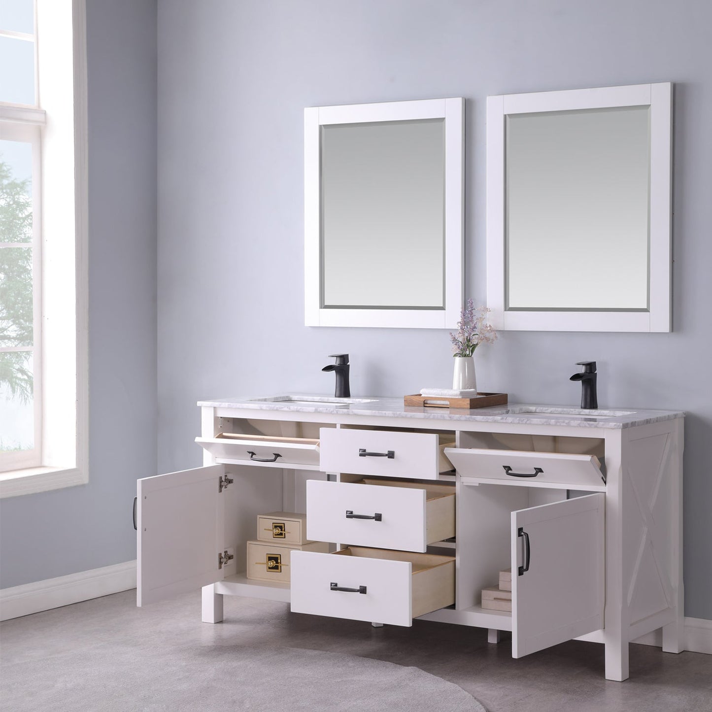 Maribella 72" Double Bathroom Vanity Set in White and Carrara White Marble Countertop with Mirror
