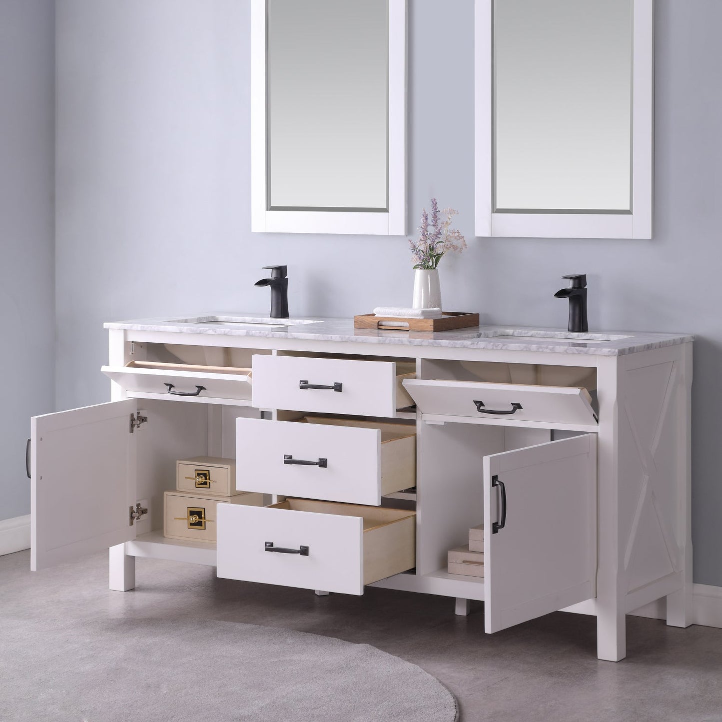 Maribella 72" Double Bathroom Vanity Set in White and Carrara White Marble Countertop with Mirror