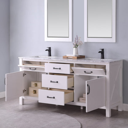 Maribella 72" Double Bathroom Vanity Set in White and Carrara White Marble Countertop with Mirror