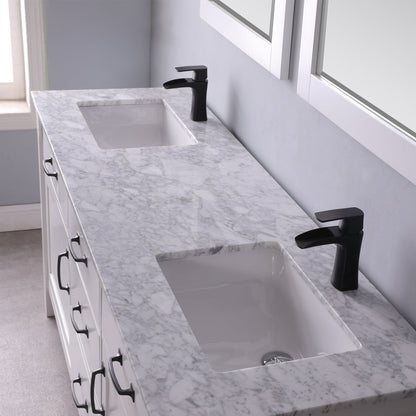Maribella 72" Double Bathroom Vanity Set in White and Carrara White Marble Countertop with Mirror