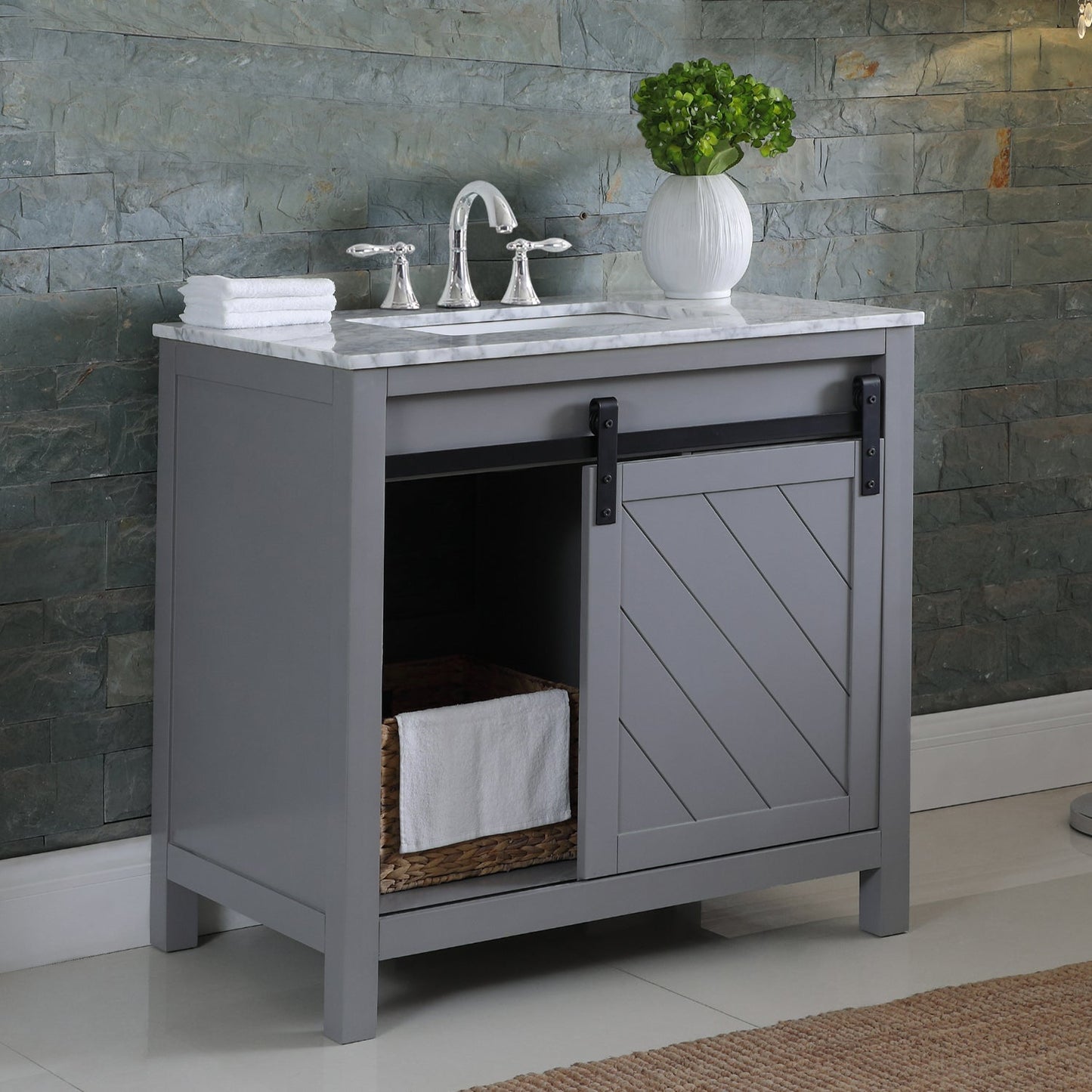 Kinsley 36" Single Bathroom Vanity Set in Gray and Carrara White Marble Countertop without Mirror