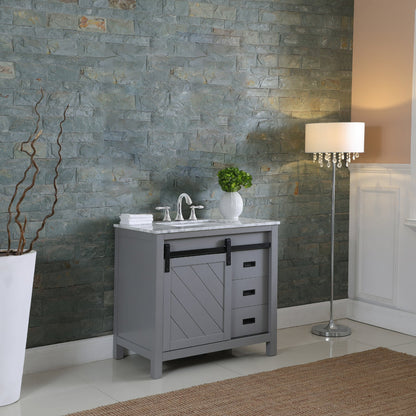 Kinsley 36" Single Bathroom Vanity Set in Gray and Carrara White Marble Countertop without Mirror