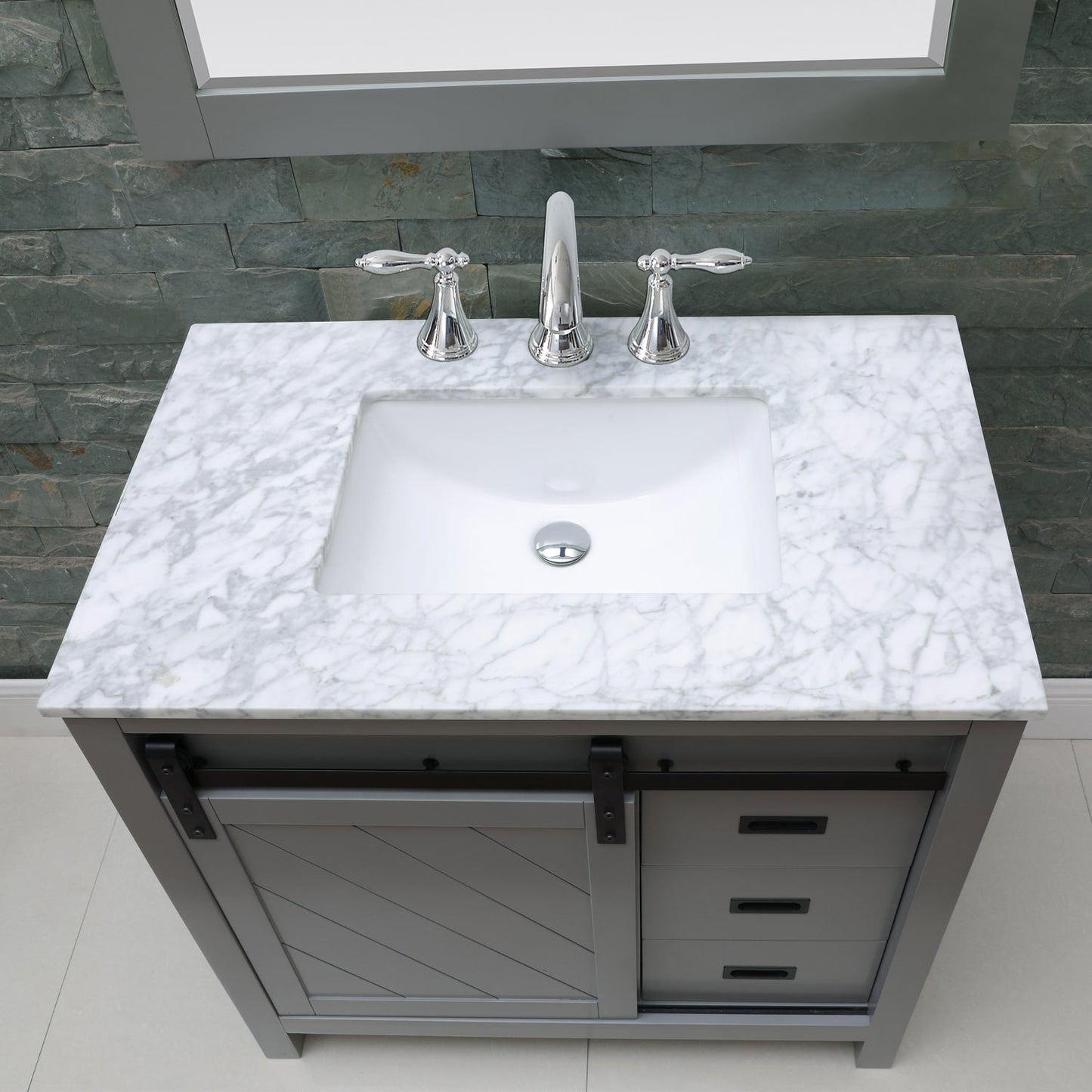 Kinsley 36" Single Bathroom Vanity Set in Gray and Carrara White Marble Countertop with Mirror