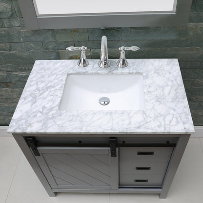 Kinsley 36" Single Bathroom Vanity Set in Gray and Carrara White Marble Countertop with Mirror