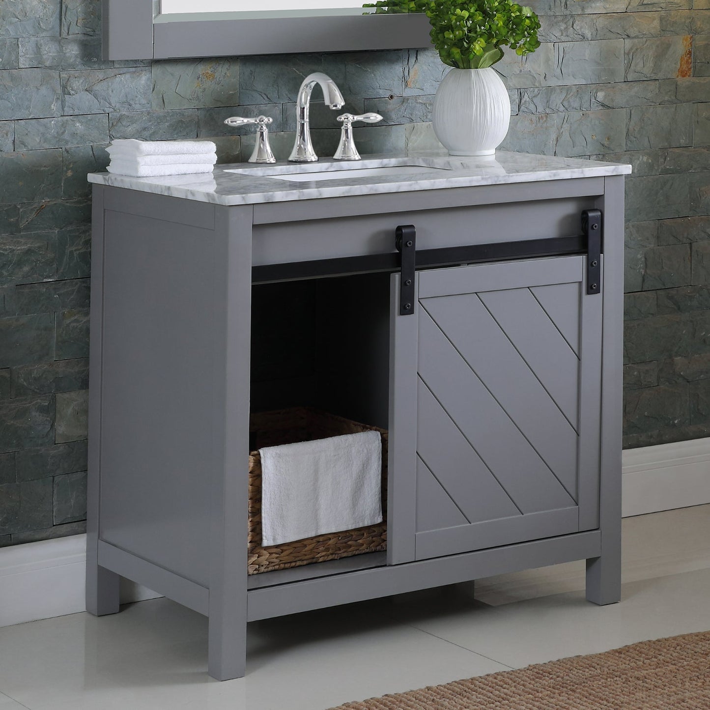Kinsley 36" Single Bathroom Vanity Set in Gray and Carrara White Marble Countertop with Mirror