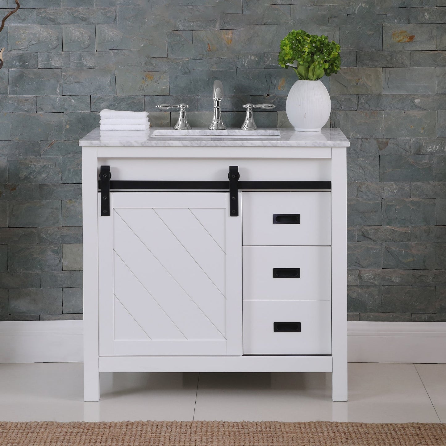 Kinsley 36" Single Bathroom Vanity Set in White and Carrara White Marble Countertop without Mirror