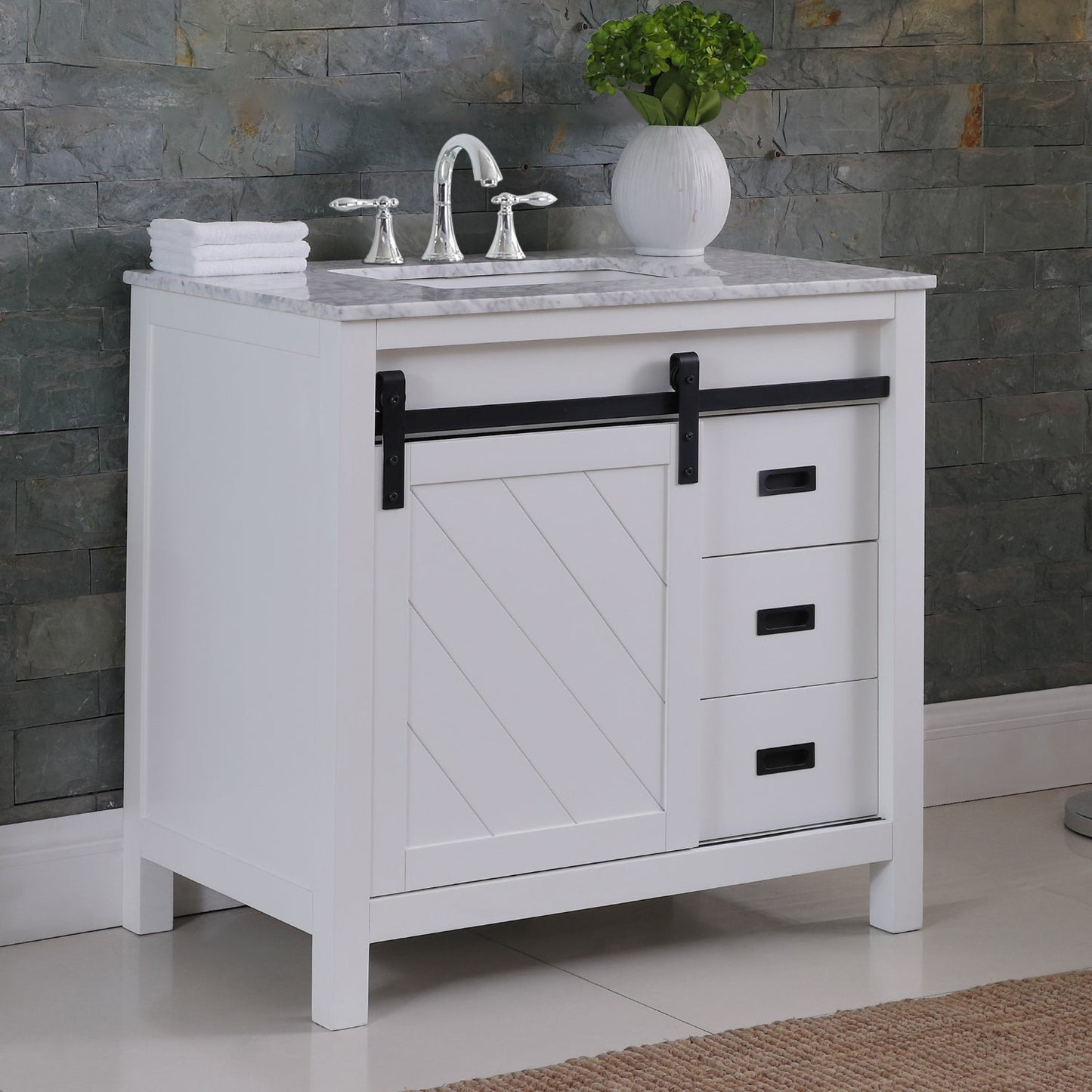 Kinsley 36" Single Bathroom Vanity Set in White and Carrara White Marble Countertop without Mirror