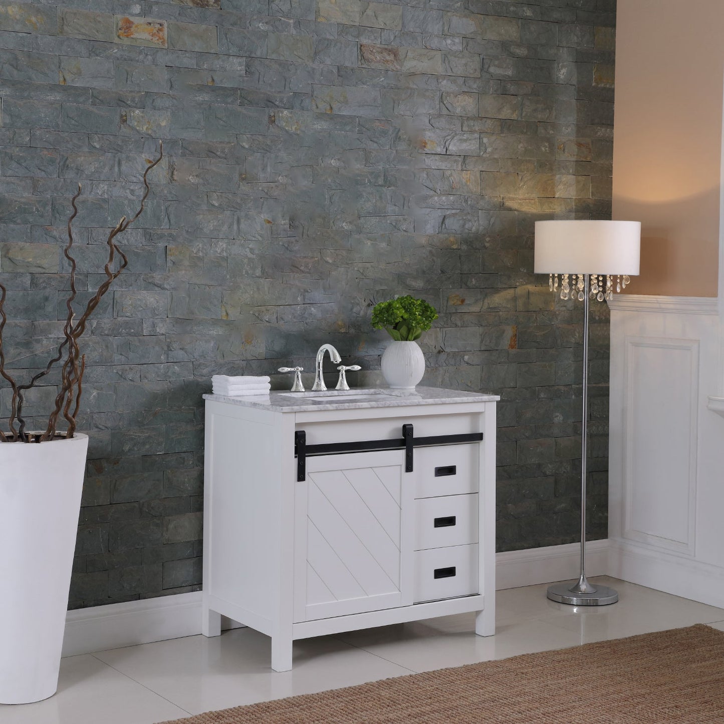 Kinsley 36" Single Bathroom Vanity Set in White and Carrara White Marble Countertop without Mirror