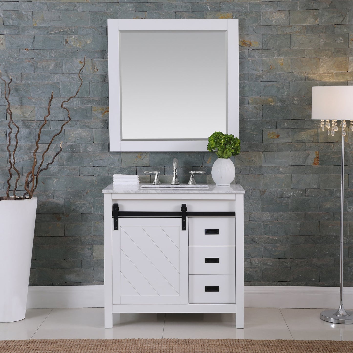 Kinsley 36" Single Bathroom Vanity Set in White and Carrara White Marble Countertop with Mirror