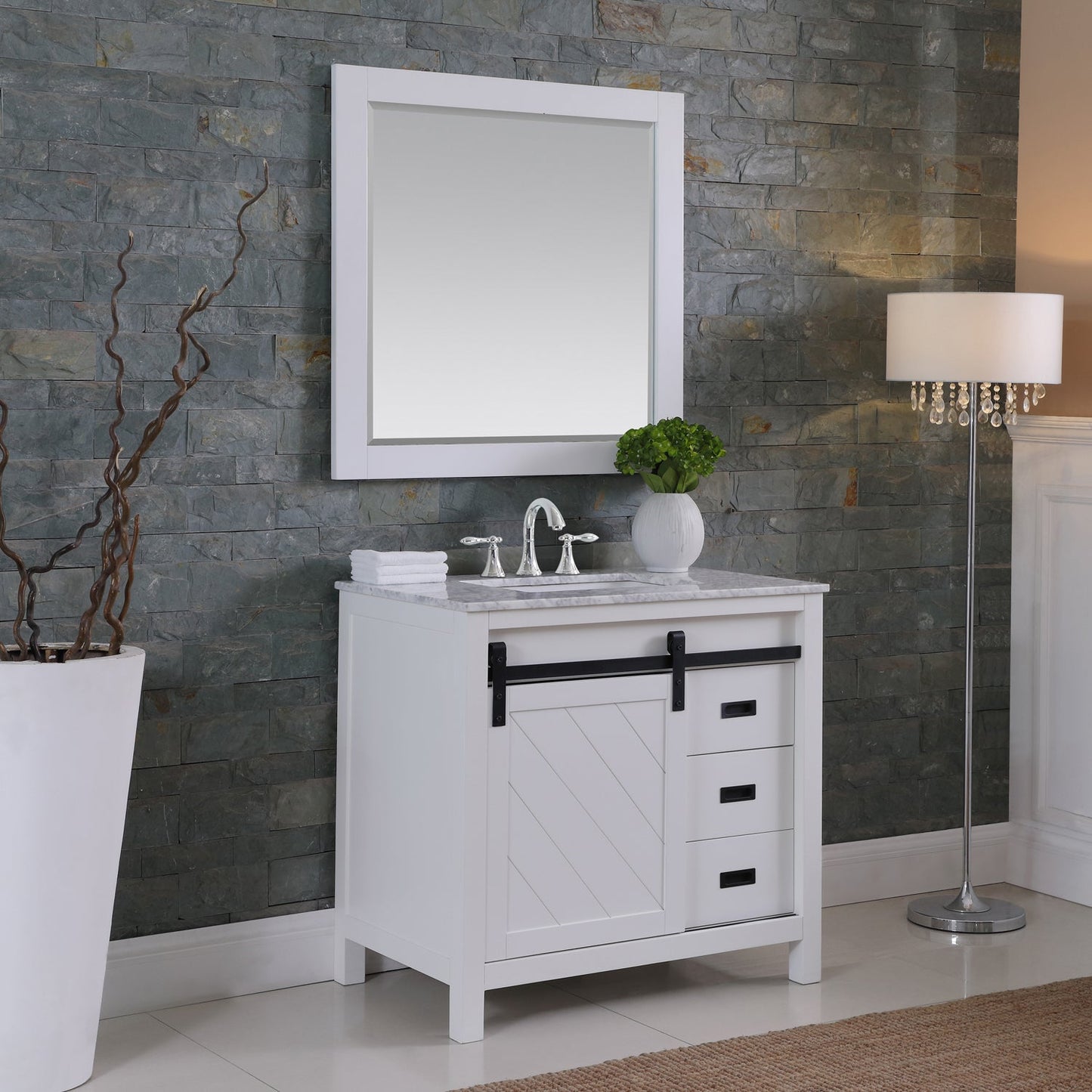 Kinsley 36" Single Bathroom Vanity Set in White and Carrara White Marble Countertop with Mirror