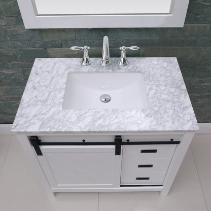 Kinsley 36" Single Bathroom Vanity Set in White and Carrara White Marble Countertop with Mirror