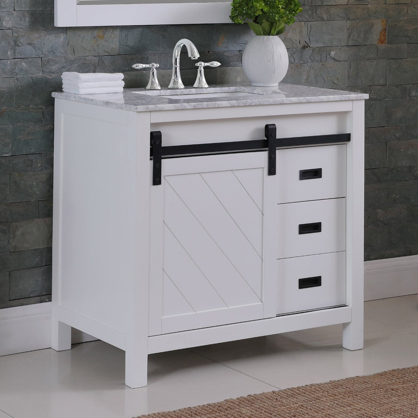 Kinsley 36" Single Bathroom Vanity Set in White and Carrara White Marble Countertop with Mirror