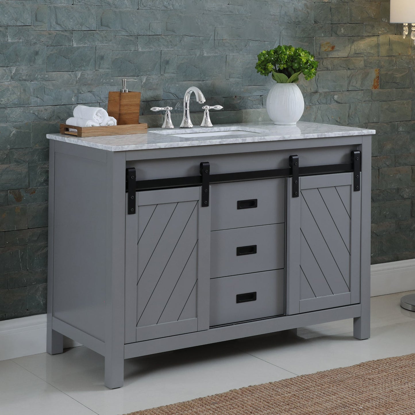 Kinsley 48" Single Bathroom Vanity Set in Gray and Carrara White Marble Countertop without Mirror