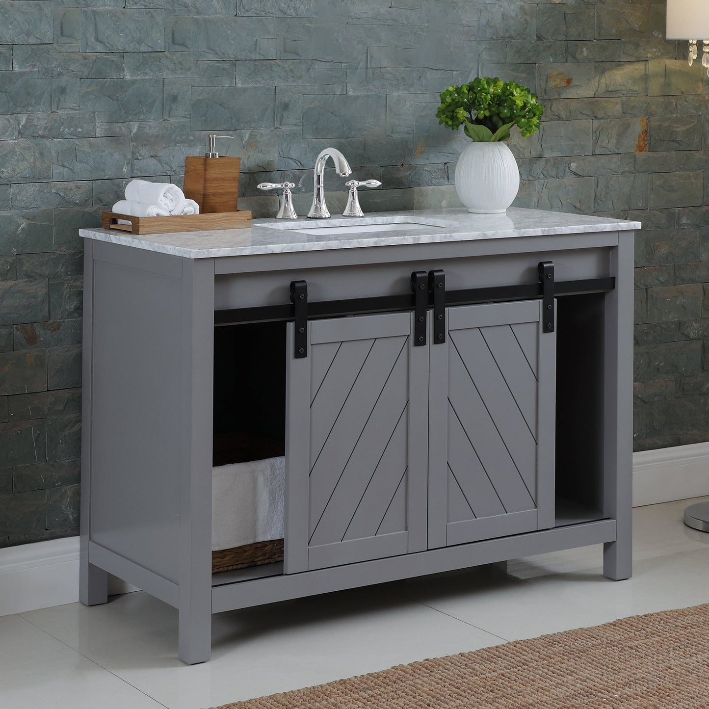 Kinsley 48" Single Bathroom Vanity Set in Gray and Carrara White Marble Countertop without Mirror