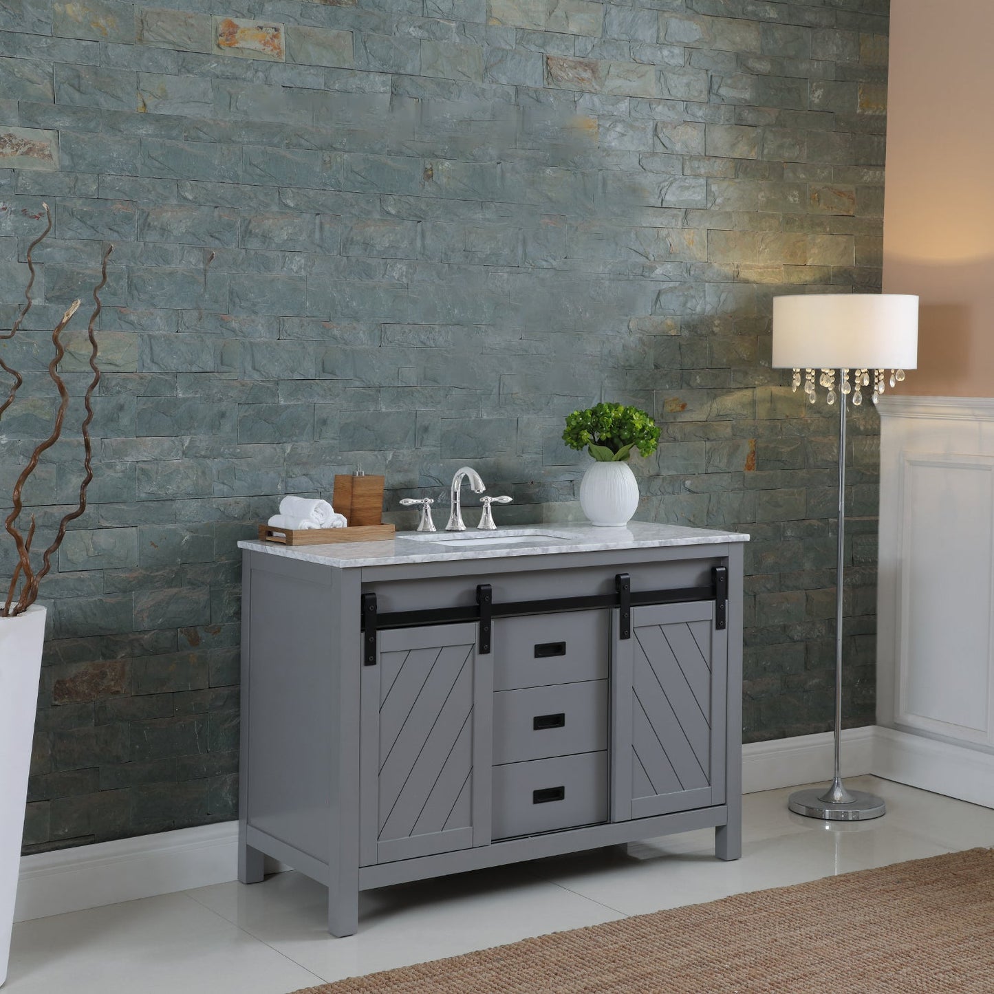 Kinsley 48" Single Bathroom Vanity Set in Gray and Carrara White Marble Countertop without Mirror