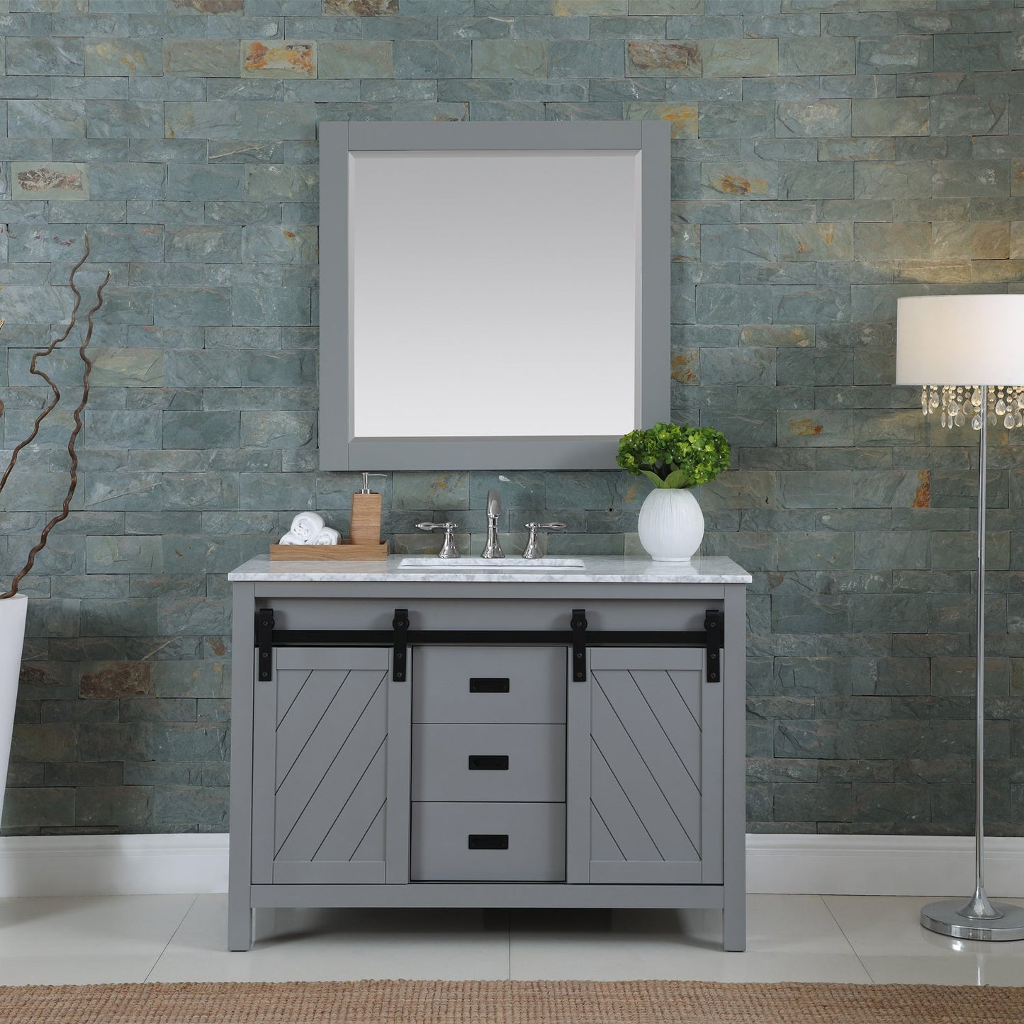 Kinsley 48" Single Bathroom Vanity Set in Gray and Carrara White Marble Countertop with Mirror