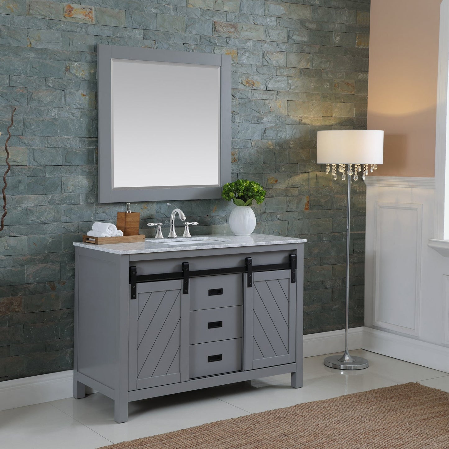 Kinsley 48" Single Bathroom Vanity Set in Gray and Carrara White Marble Countertop with Mirror