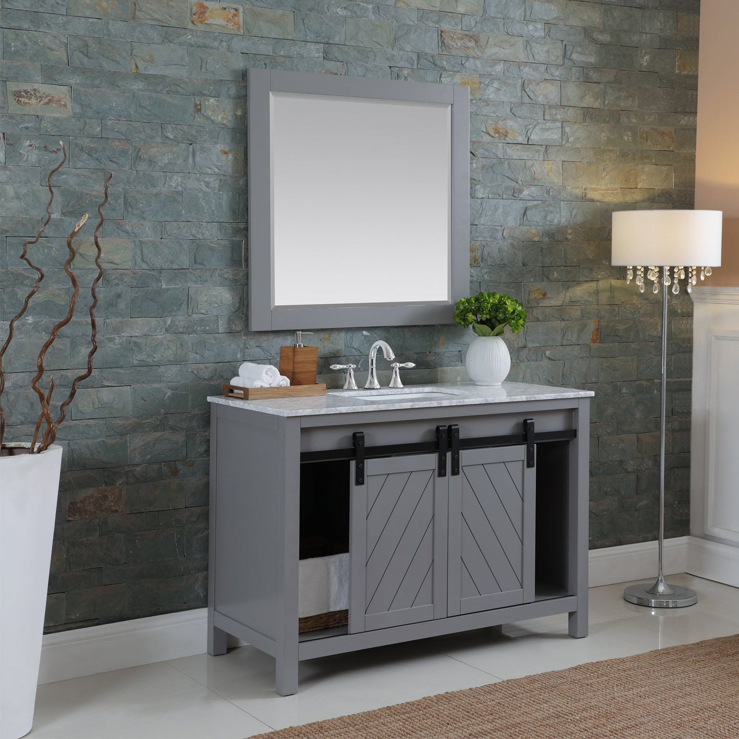 Kinsley 48" Single Bathroom Vanity Set in Gray and Carrara White Marble Countertop with Mirror