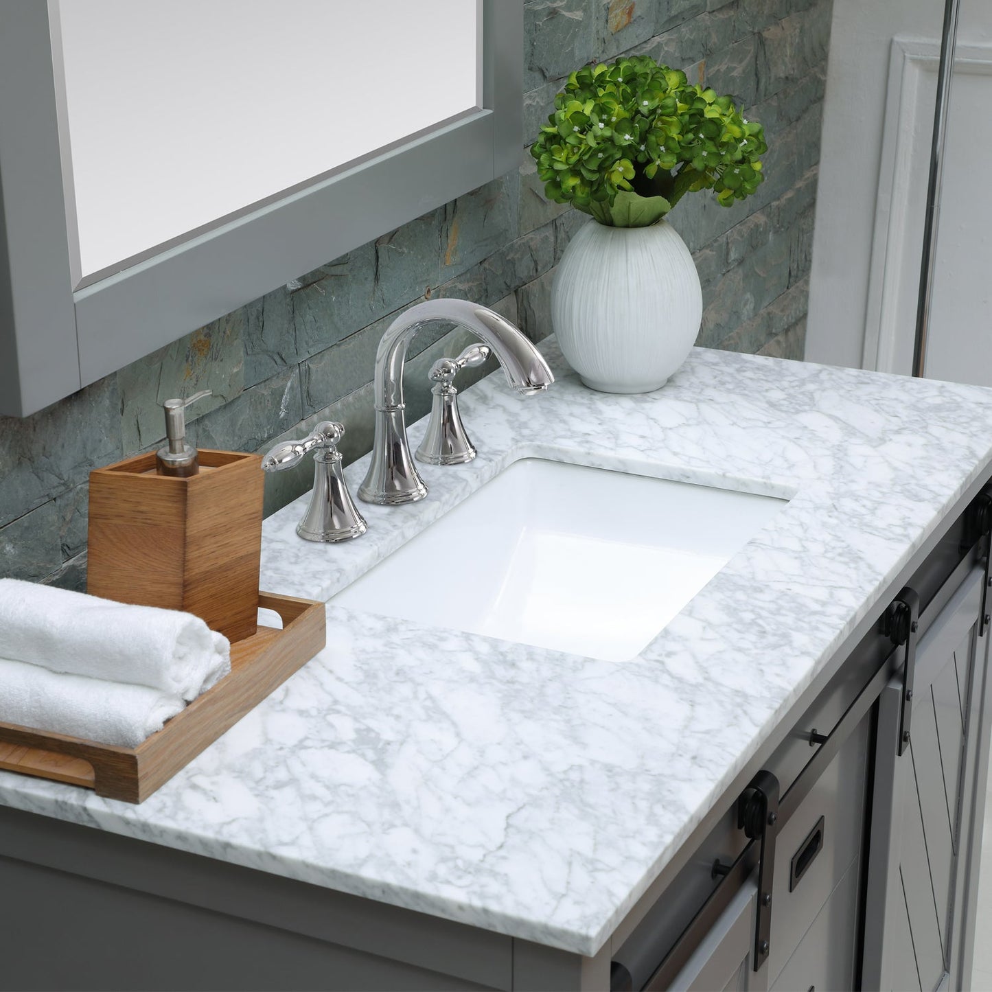 Kinsley 48" Single Bathroom Vanity Set in Gray and Carrara White Marble Countertop with Mirror