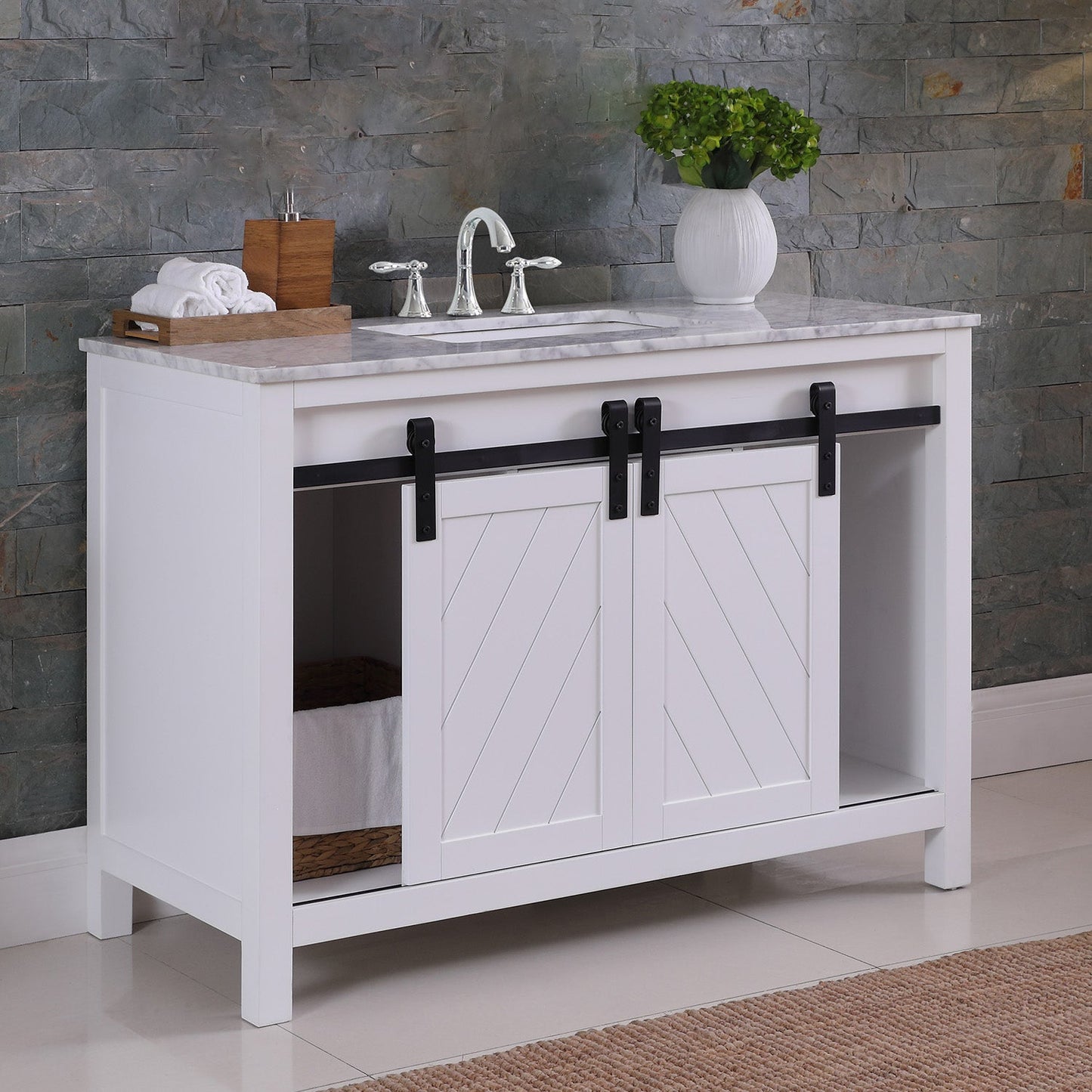 Kinsley 48" Single Bathroom Vanity Set in White and Carrara White Marble Countertop without Mirror