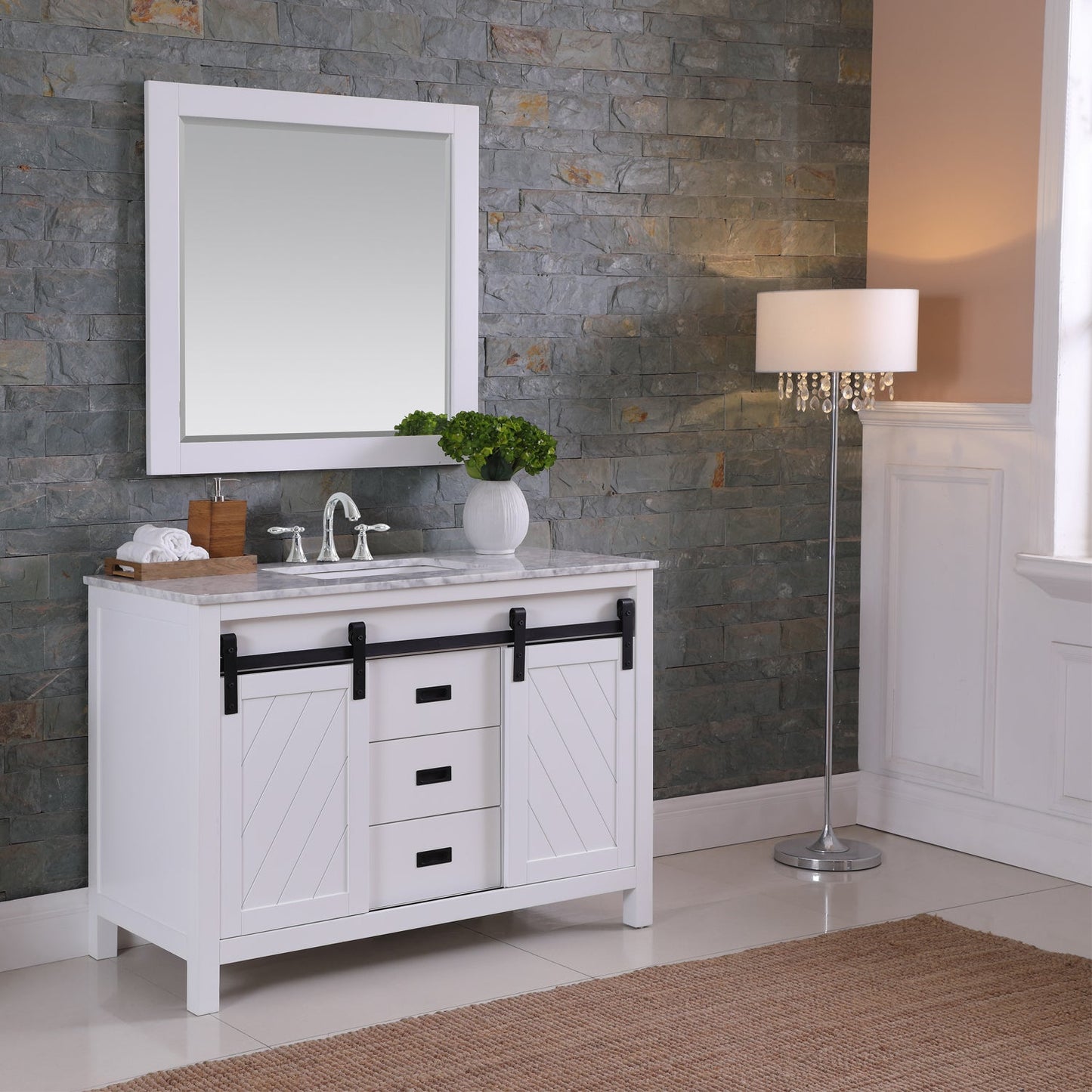Kinsley 48" Single Bathroom Vanity Set in White and Carrara White Marble Countertop with Mirror