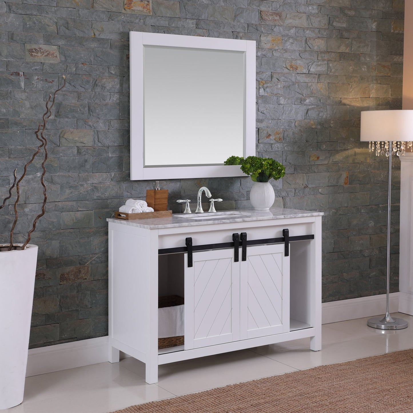 Kinsley 48" Single Bathroom Vanity Set in White and Carrara White Marble Countertop with Mirror