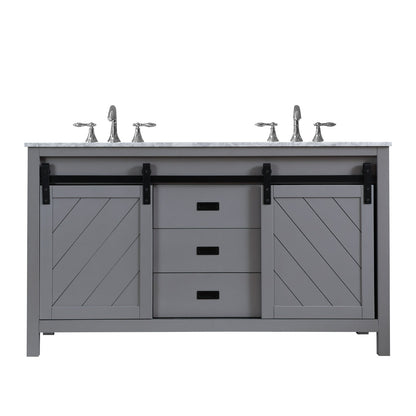 Kinsley 60" Double Bathroom Vanity Set in Gray and Carrara White Marble Countertop without Mirror