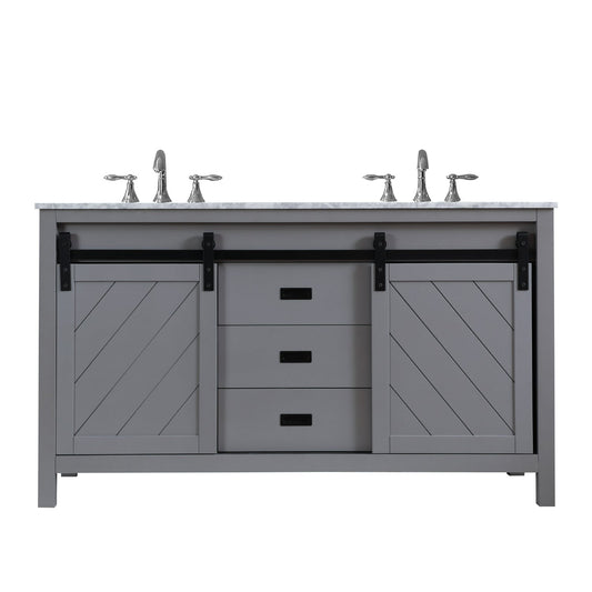Kinsley 60" Double Bathroom Vanity Set in Gray and Carrara White Marble Countertop without Mirror