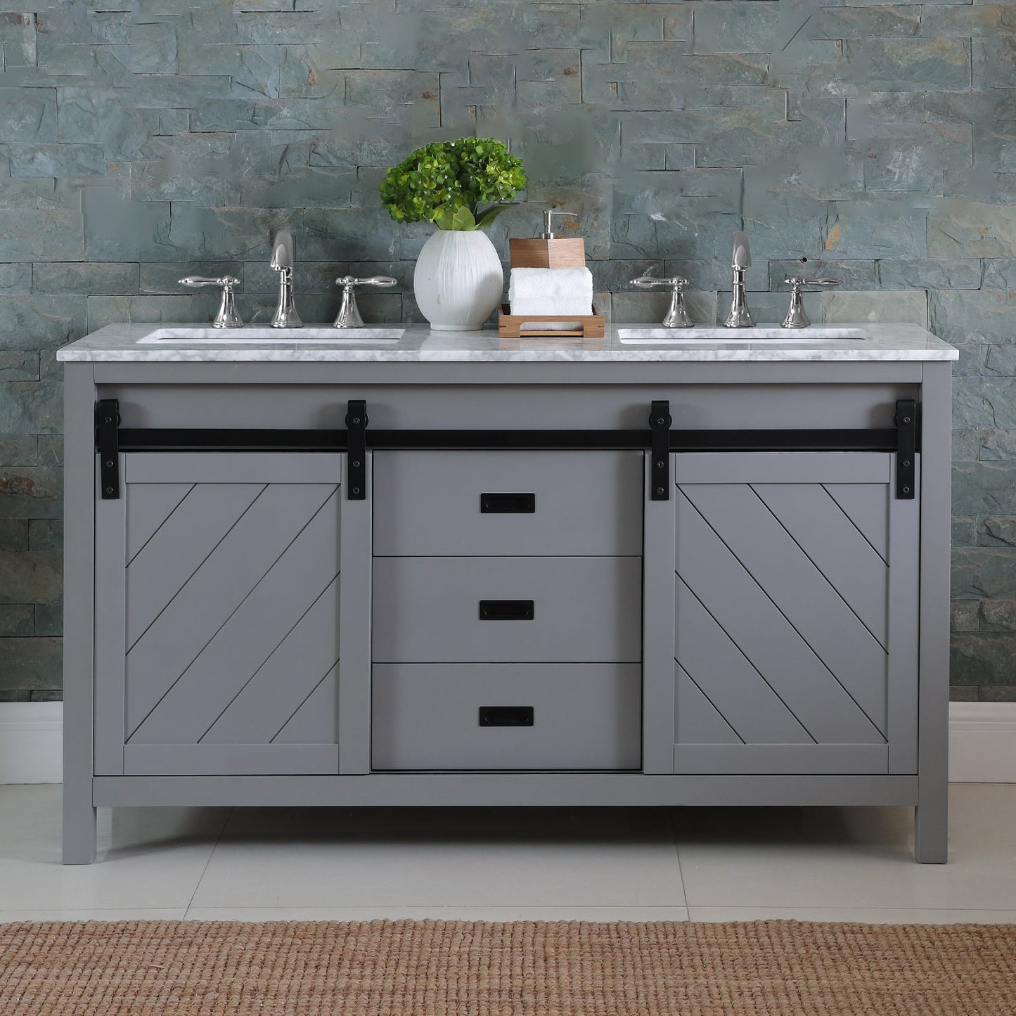 Kinsley 60" Double Bathroom Vanity Set in Gray and Carrara White Marble Countertop without Mirror
