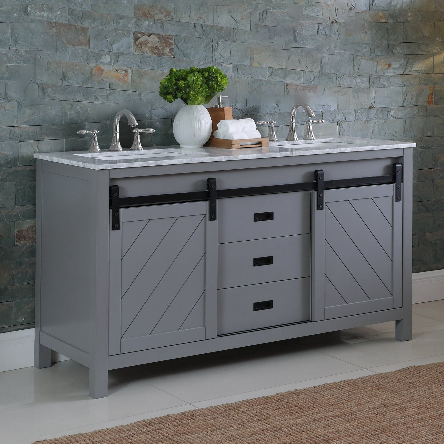 Kinsley 60" Double Bathroom Vanity Set in Gray and Carrara White Marble Countertop without Mirror