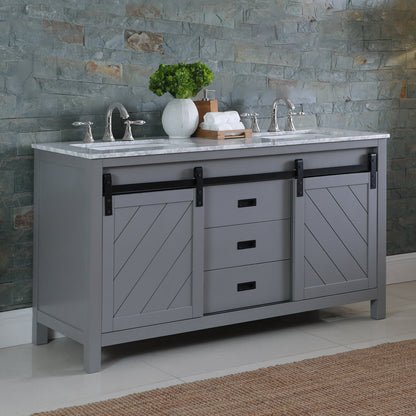 Kinsley 60" Double Bathroom Vanity Set in Gray and Carrara White Marble Countertop without Mirror
