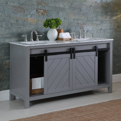 Kinsley 60" Double Bathroom Vanity Set in Gray and Carrara White Marble Countertop without Mirror