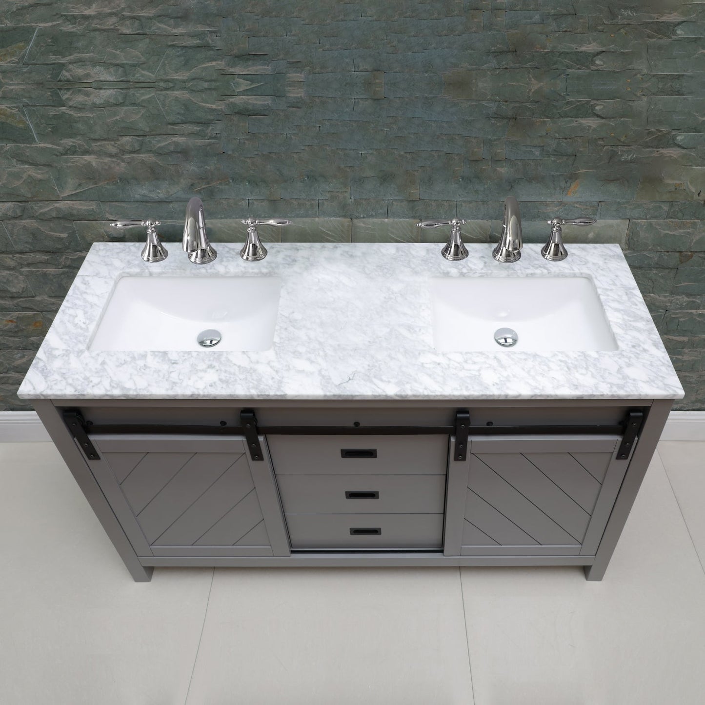 Kinsley 60" Double Bathroom Vanity Set in Gray and Carrara White Marble Countertop without Mirror