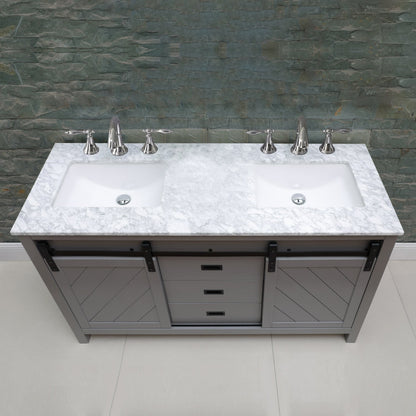 Kinsley 60" Double Bathroom Vanity Set in Gray and Carrara White Marble Countertop without Mirror