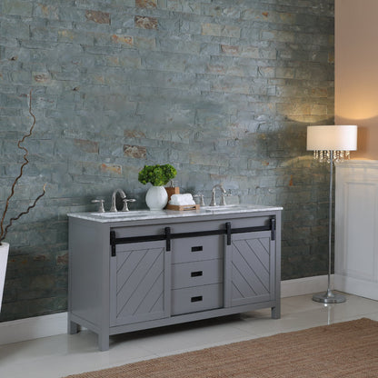 Kinsley 60" Double Bathroom Vanity Set in Gray and Carrara White Marble Countertop without Mirror
