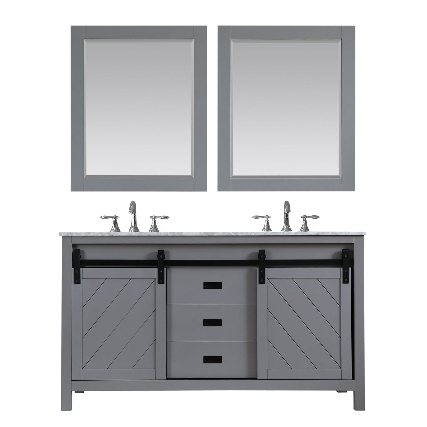 Kinsley 60" Double Bathroom Vanity Set in Gray and Carrara White Marble Countertop with Mirror