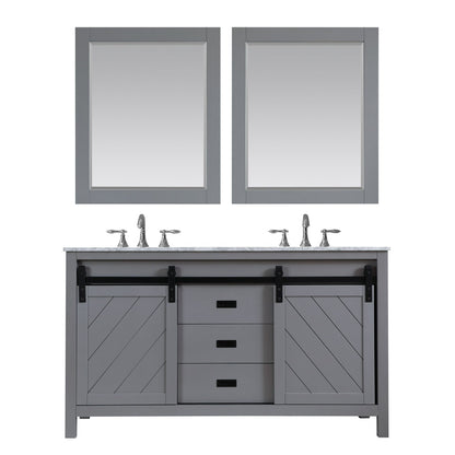 Kinsley 60" Double Bathroom Vanity Set in Gray and Carrara White Marble Countertop with Mirror