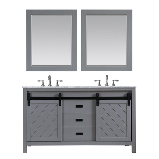 Kinsley 60" Double Bathroom Vanity Set in Gray and Carrara White Marble Countertop with Mirror
