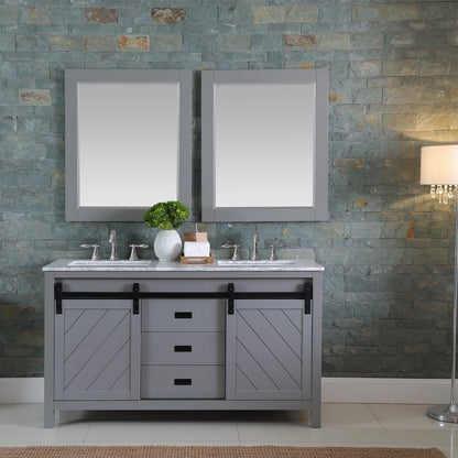 Kinsley 60" Double Bathroom Vanity Set in Gray and Carrara White Marble Countertop with Mirror
