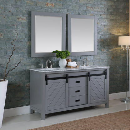 Kinsley 60" Double Bathroom Vanity Set in Gray and Carrara White Marble Countertop with Mirror