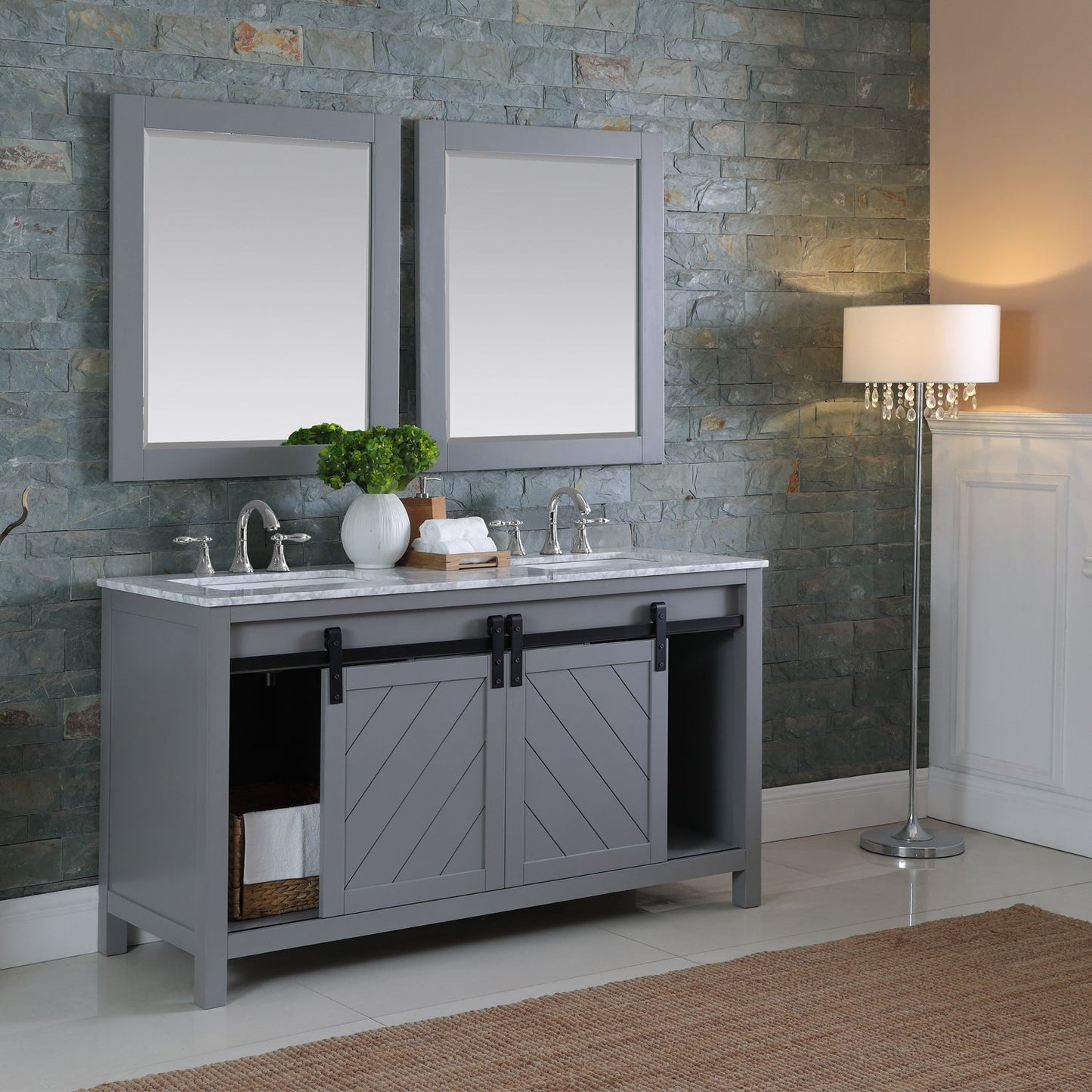 Kinsley 60" Double Bathroom Vanity Set in Gray and Carrara White Marble Countertop with Mirror